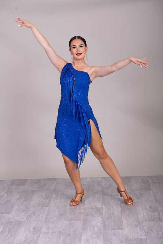 132L BUDGET (21) Royal Blue Competition Latin Dance Dress. Diagonal fringe detail to upper body with diagonal skirts  Stoned in Sapphire. ❤️Showroom Appointments Available❤️