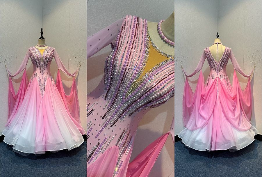 56B TWD “ELITE” Stunning Pink & White Ombre Competition Ballroom/Sequence Dance Dress. Stoned in AB & Light Rose with pinks & white pearls. Detachable Cuffs ❤️Showroom Appointments Available❤️