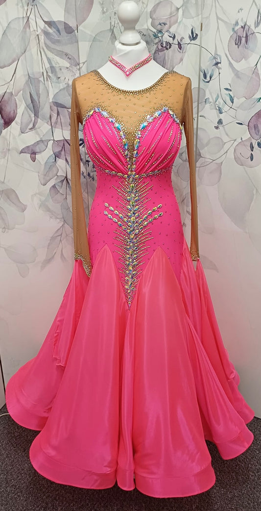 004 Coral Competition Ballroom Dance Dress. Heavily stoned in AB, pink AB & Golden Shadow. Strapping detail to the back. Comes with detachable floats.