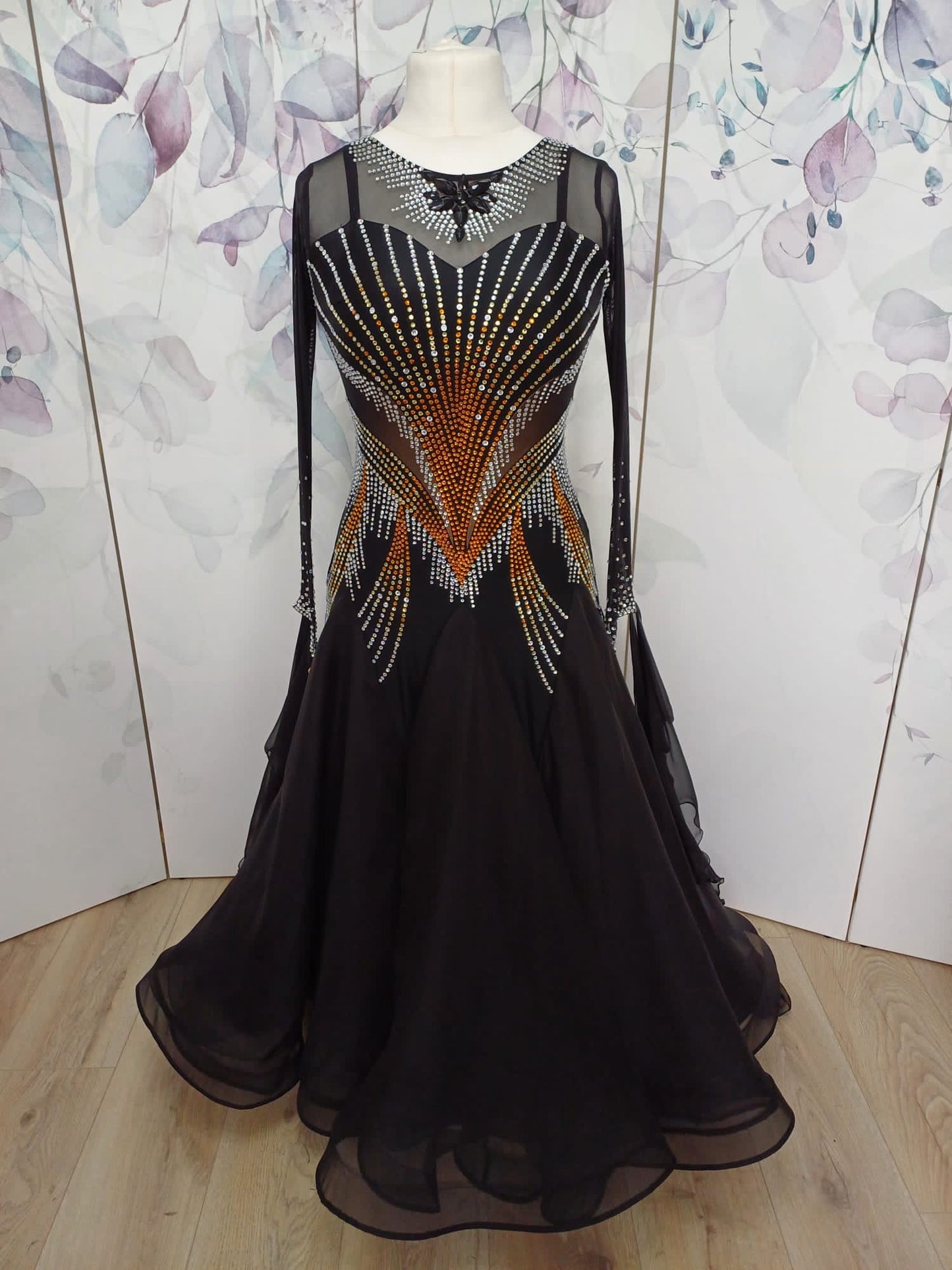 0013 Black Ballroom Dance Dress. Stoned in AB & Topaz. Detachable floats with optional ostrich feather cuffs.