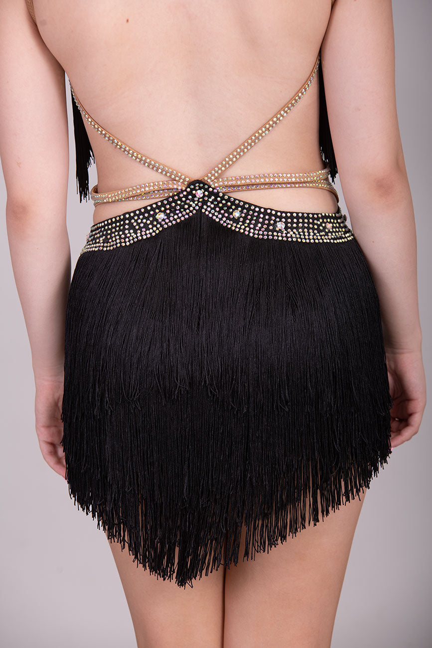 (BUDGET)19 Black Latin Competition Dance Dress.Full Fringed Skirts with shoulder & waist detailing.2 Bangles included.                                     *****Our New Budget Range are Bought in ready made Costumes, with some detail added by TWDance*****
