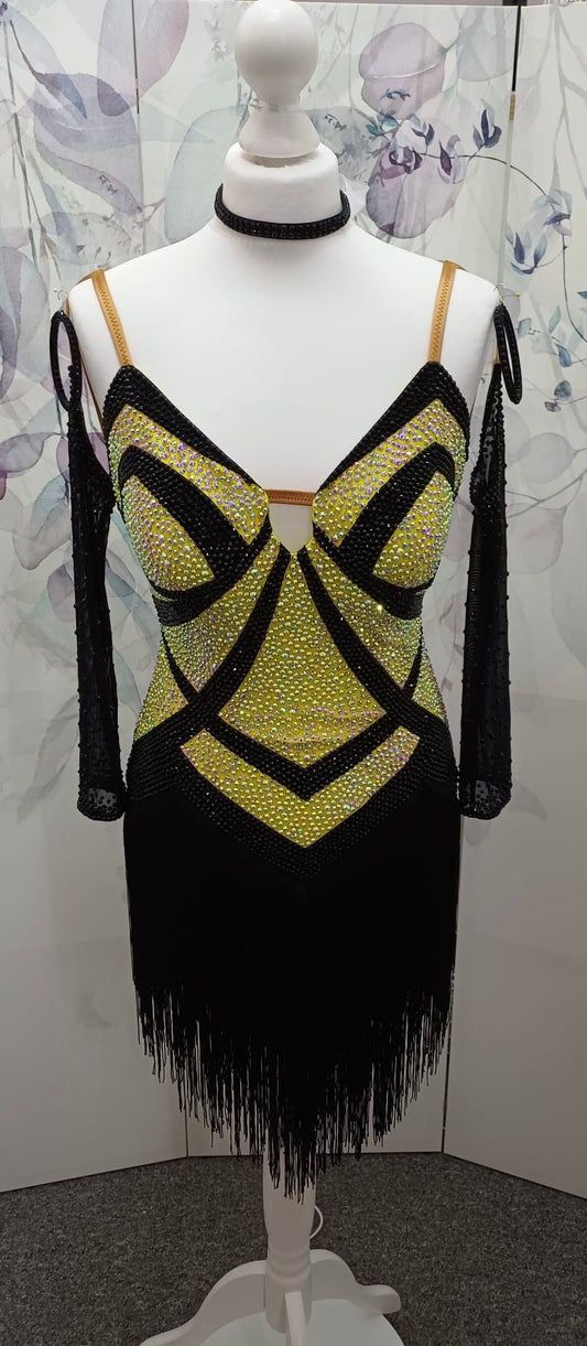 51L Black & Sunshine Competition Latin Dance Dress. Heavily stoned in AB with full fringed skirts. Cones with separate gloves, earring & accessories. ❤️Showroom Appointments Available❤️