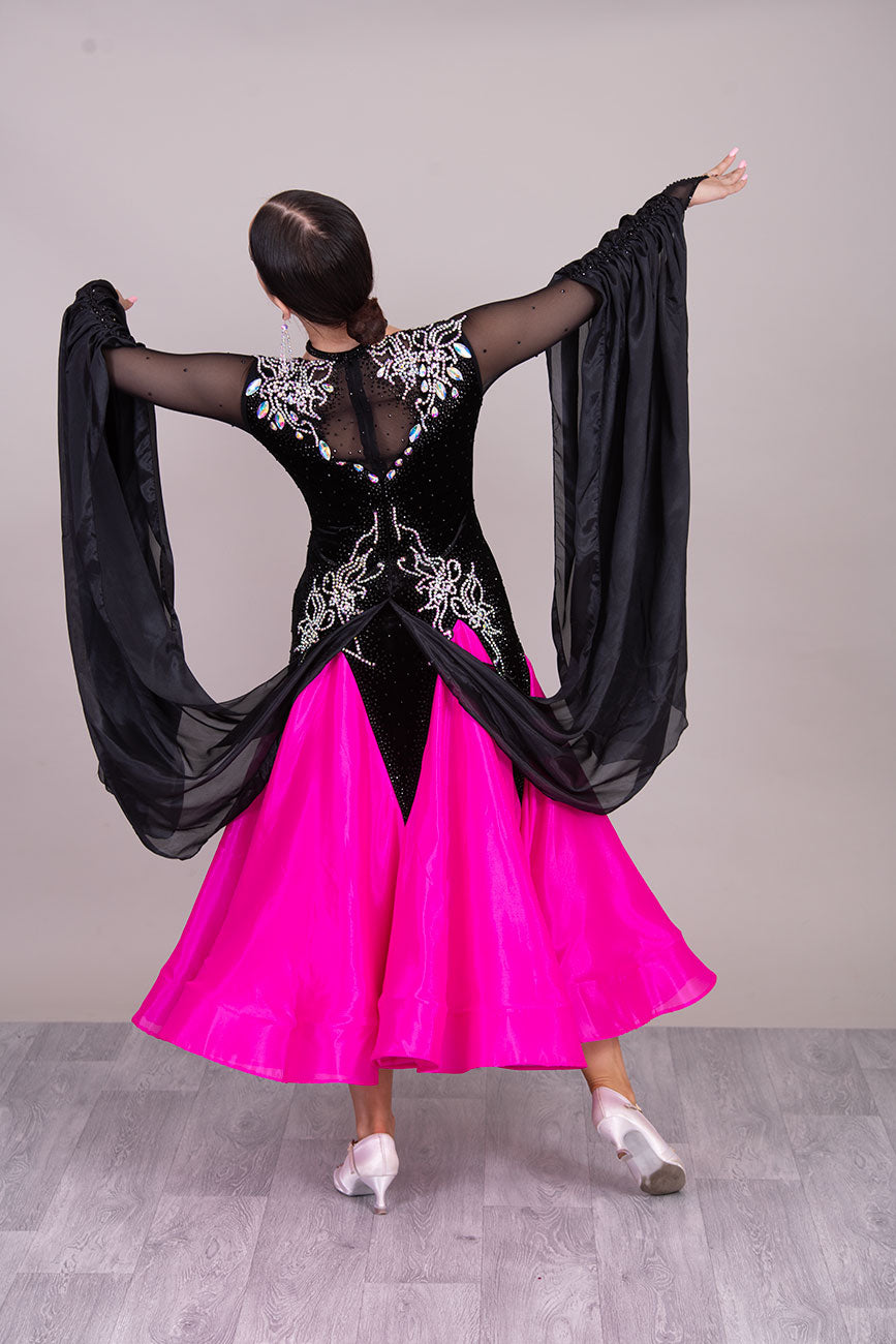 49B Striking Black Velvet & Pink Competition Ballroom Dance Dress. Beautiful stoning pattern in AB & jet. High back giving option to wear own bra. ❤️Showroom Appointments Available❤️