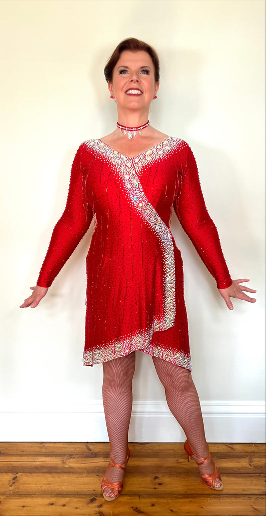 305 Striking Rich Red Latin Competition Dance Dress. Very Flattering style Dress. Red bead droppers all over with Siam stones. Heavily decorated with AB