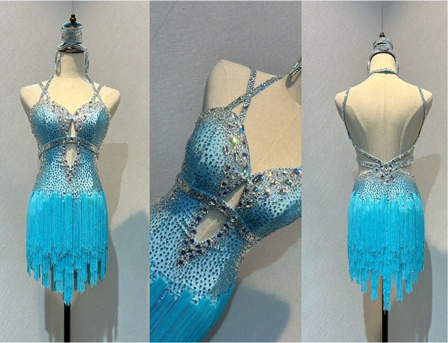 47L Paradise Blue Competition Latin Dance Dress. Beautiful detailing throughout with open design & strap details to the front. Comes with 8 bangles & matching Earrings. ❤️Showroom Appointments Available❤️