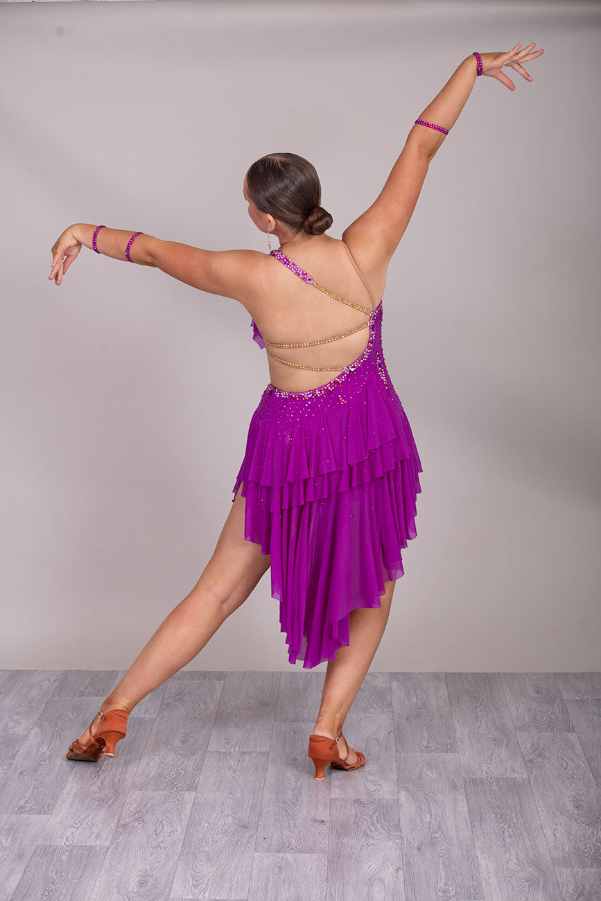 131L BUDGET (20) Hot Magenta Competition Latin Dance Dress. Mesh panelling for full movement. Stoned in Rose, light rose & AB ❤️Showroom Appointments Available❤️