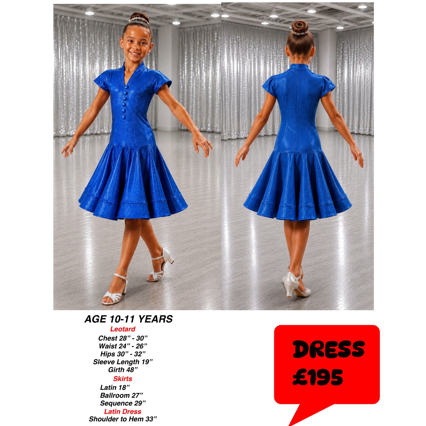 132J Metallic Royal Blue 1 Piece Latin Dress Competition Number Wallet & Decorative Pins & Matching Hair Flower **Everything included in Price when full set purchased**