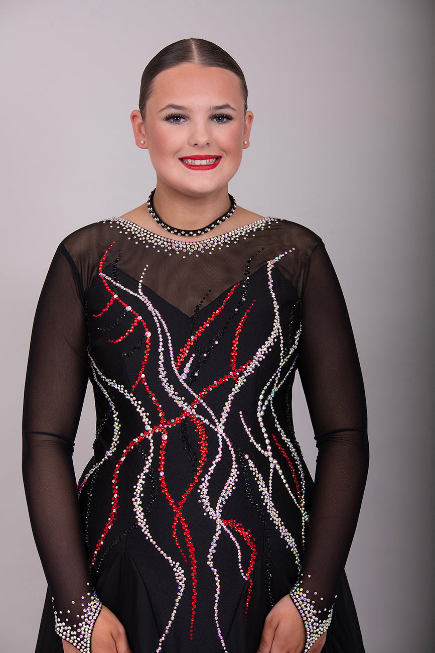 09B Black Ballroom/Sequence Competition Dance Dress. Stoned in Black, AB & Siam. Flesh Lycra under black mesh to Back & upper chest to allow option of wearing own Bra