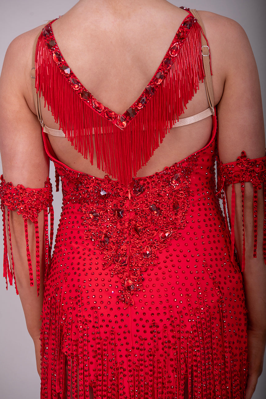 21L Red Latin Competition Dance Dress. Heavily stoned in Red with stoned fabric tassels & adjustable straps