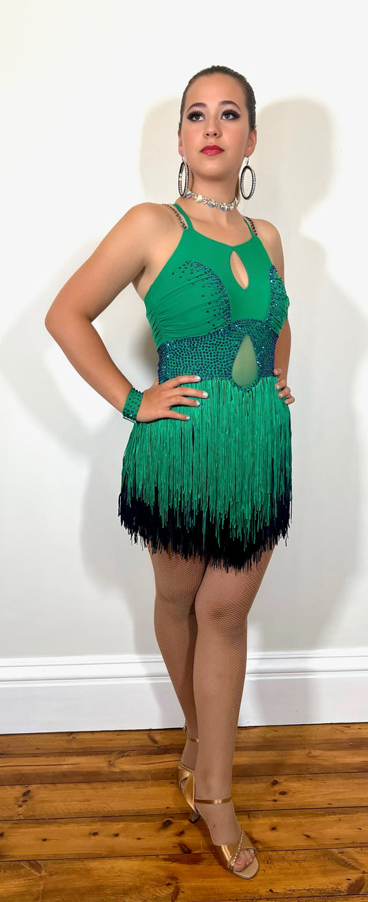 239 Jade Green & Navy Latin Dress. Jade & Navy fringed skirt with waist detail. Decorated with sapphire AB stones
