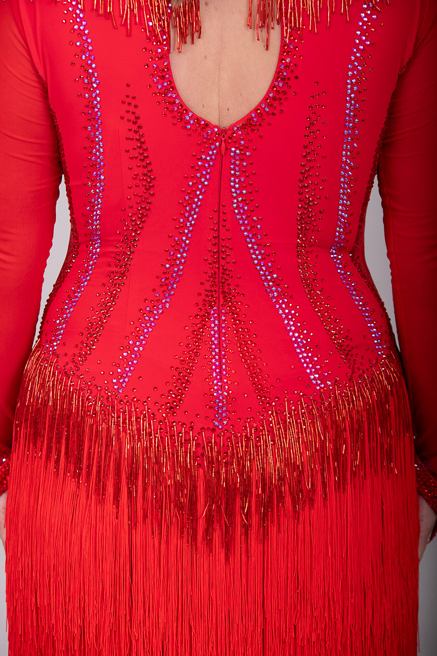 01170 Red Competition Latin Dance Dress. Red Fringe & Bead Droppers heavily stoned in Siam & Siam AB with Keyhole back feature