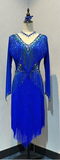 53L Cobalt Blue Competition Latin Dance Dress. Very full fringed skirts with bead droppers to the upper chest & Hip in a contrasting turquoise blue. Heavily stoned in Sapphire & Light Sapphire. ❤️Showroom Appointments Available❤️