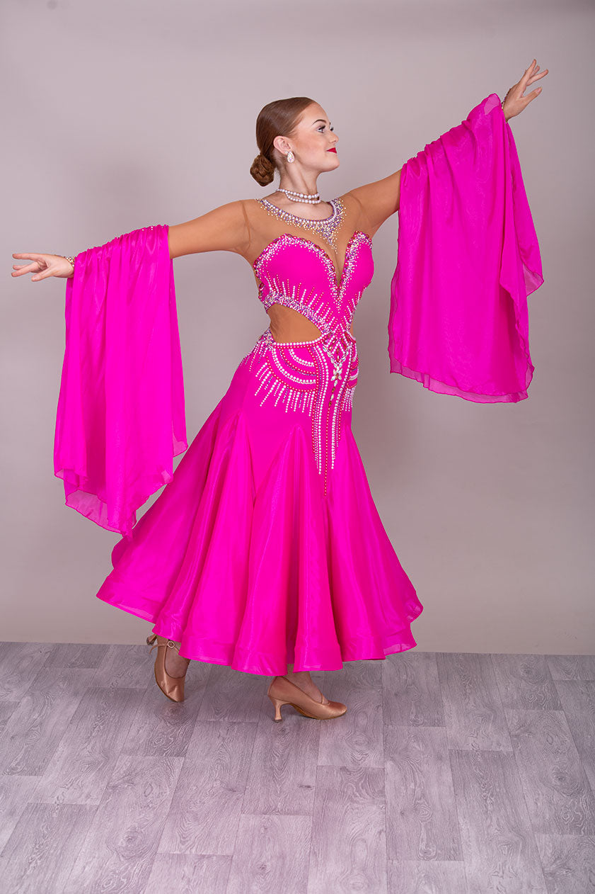 53B Cerise Pink & Tan Competition Ballroom Dance Dress. Stoned in Rose & AB with Pearls. Overall stunning design. ❤️Showroom Appointments Available❤️