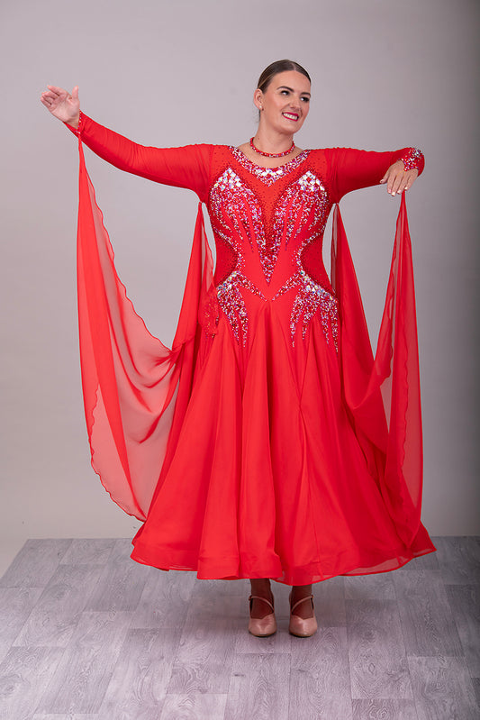01150 Red Competition Ballroom Dance Dress. Stoned in Siam, Siam AB & AB. Detachable Floats