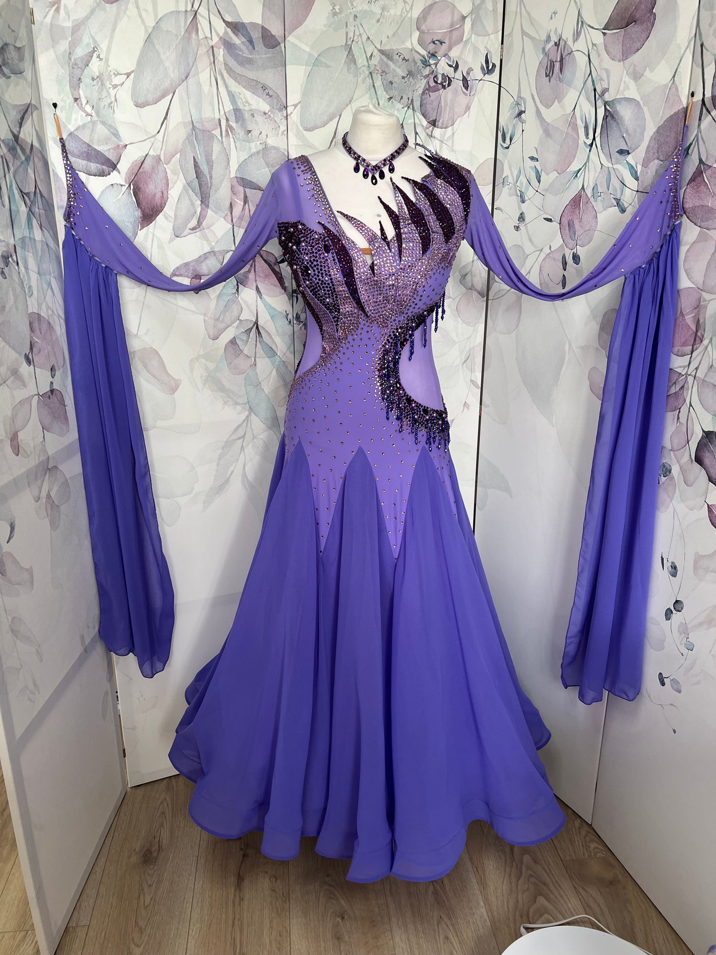 128 Lilac Ballroom Dress with detachable floats. Detailing to the front chest & Back stoned in Amethyst, Light Amethyst & Purple
