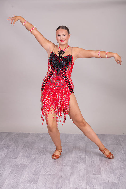 132L BUDGET (22) Red & Black  Competition Latin Dance Dress. Beading detail to bodice Stoned in jet, Siam & AB ❤️Showroom Appointments Available❤️