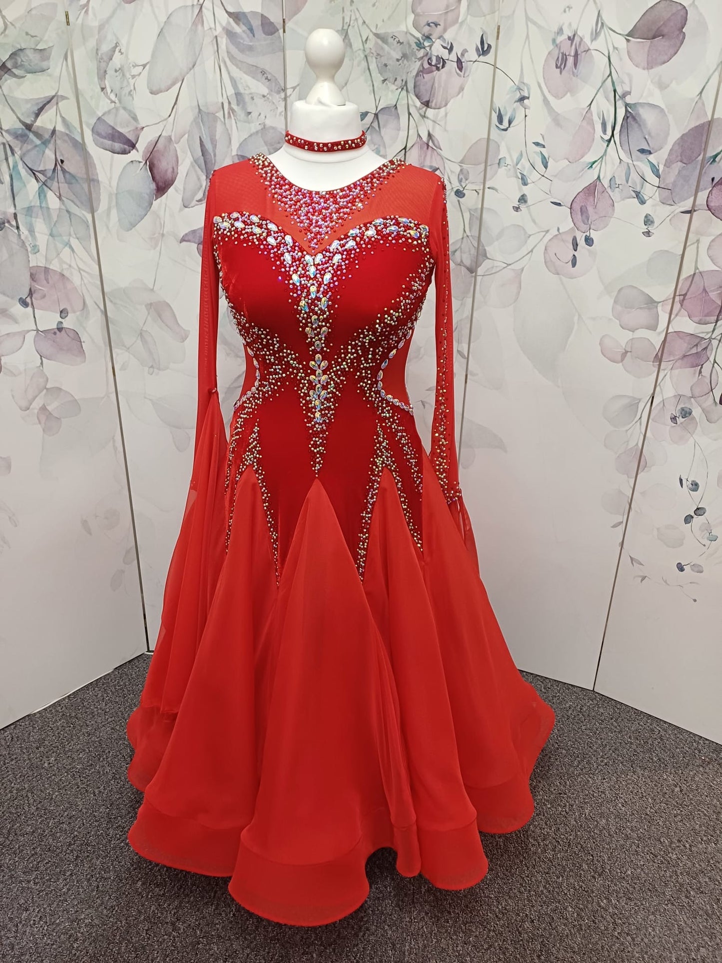 055 Red Competition Ballroom Dance Dress. Red Velvet Panels to the bodice. Heavily decorated in Siam & AB