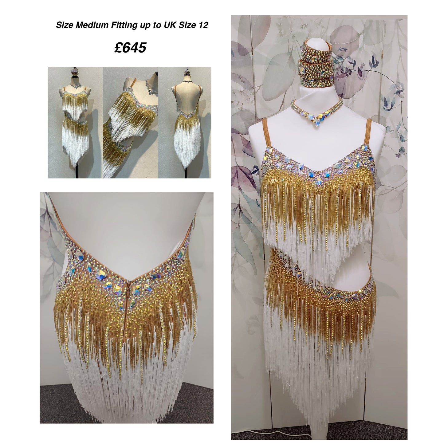 002 White & Gold full fringed Competition Latin Dance Dress. Heavily stoned with Gold & AB. Comes with Armbands & Bracelets. Very full fringes with stoned fabric strips added.