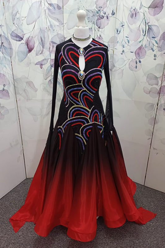 32B Black & Red Ombre Competition Ballroom/Sequence Dance Dress. Stoned in jet, AB, Siam & Light Siam. Very classy design giving full front & sleeve coverage and lovely back opening.