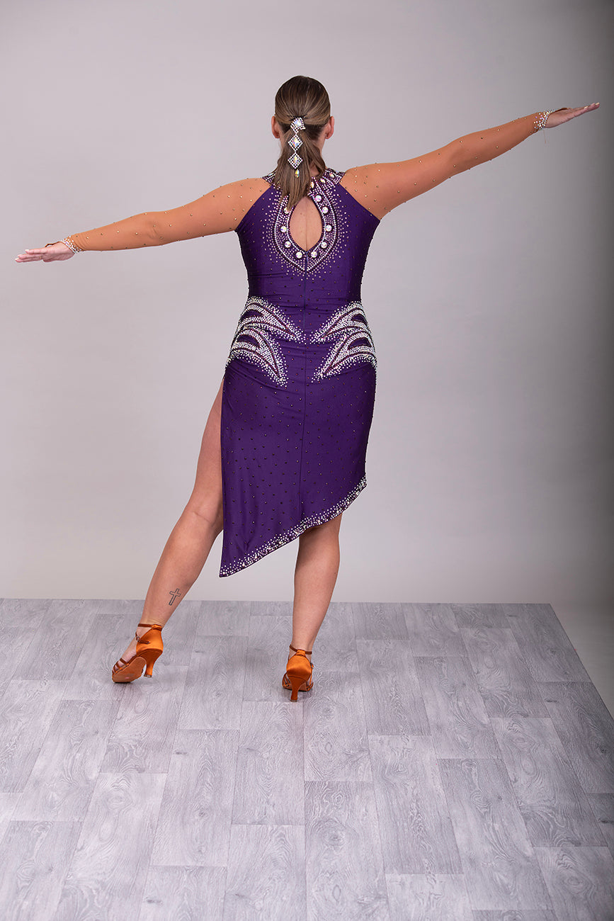 0002 Deep Purple Latin Dress. Heavily stoned in Amethyst, Light Amethyst & AB. Keyhole feature to the back, touching detail at the front.