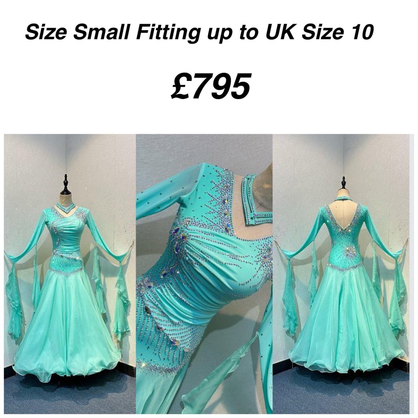 051. Stunning Mint Green Competition Ballroom Dance Dress. Heavily stoned in AB with Mesh detailing to the front. Detachable floats