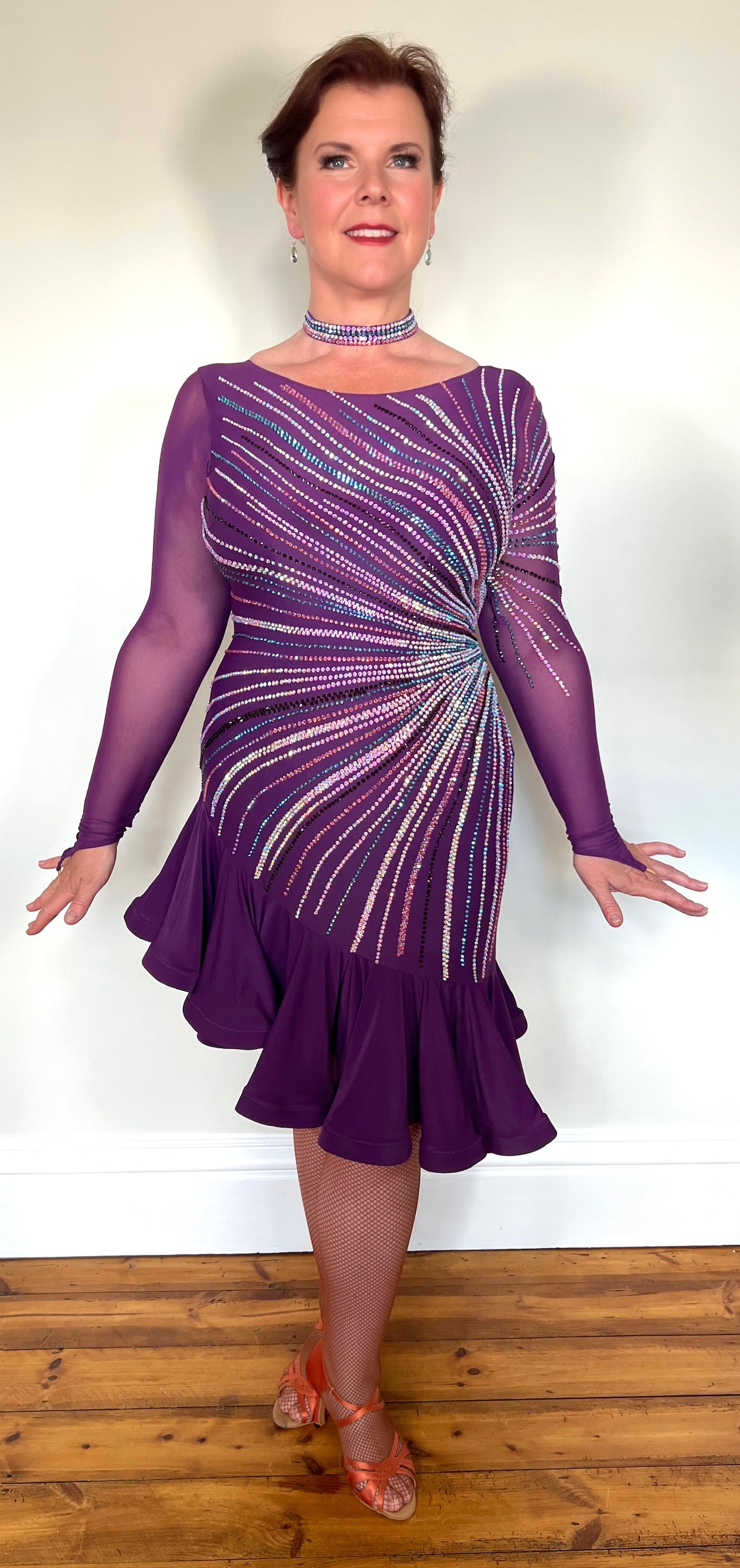 171 Stand Out Striking Plum Latin Dance Dress. Heavily stoned in AB, plum AB & Light aquamarine. Very full frill giving maximum movement. High back giving option to wear own bra.