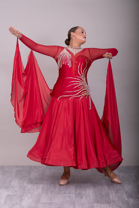 099 Wine Competition Ballroom Dance Dress heavily decorated with Dark Siam & AB stones. Hanging stoned strap detailing to the right upper chest.  High back giving option to wear own Bra.