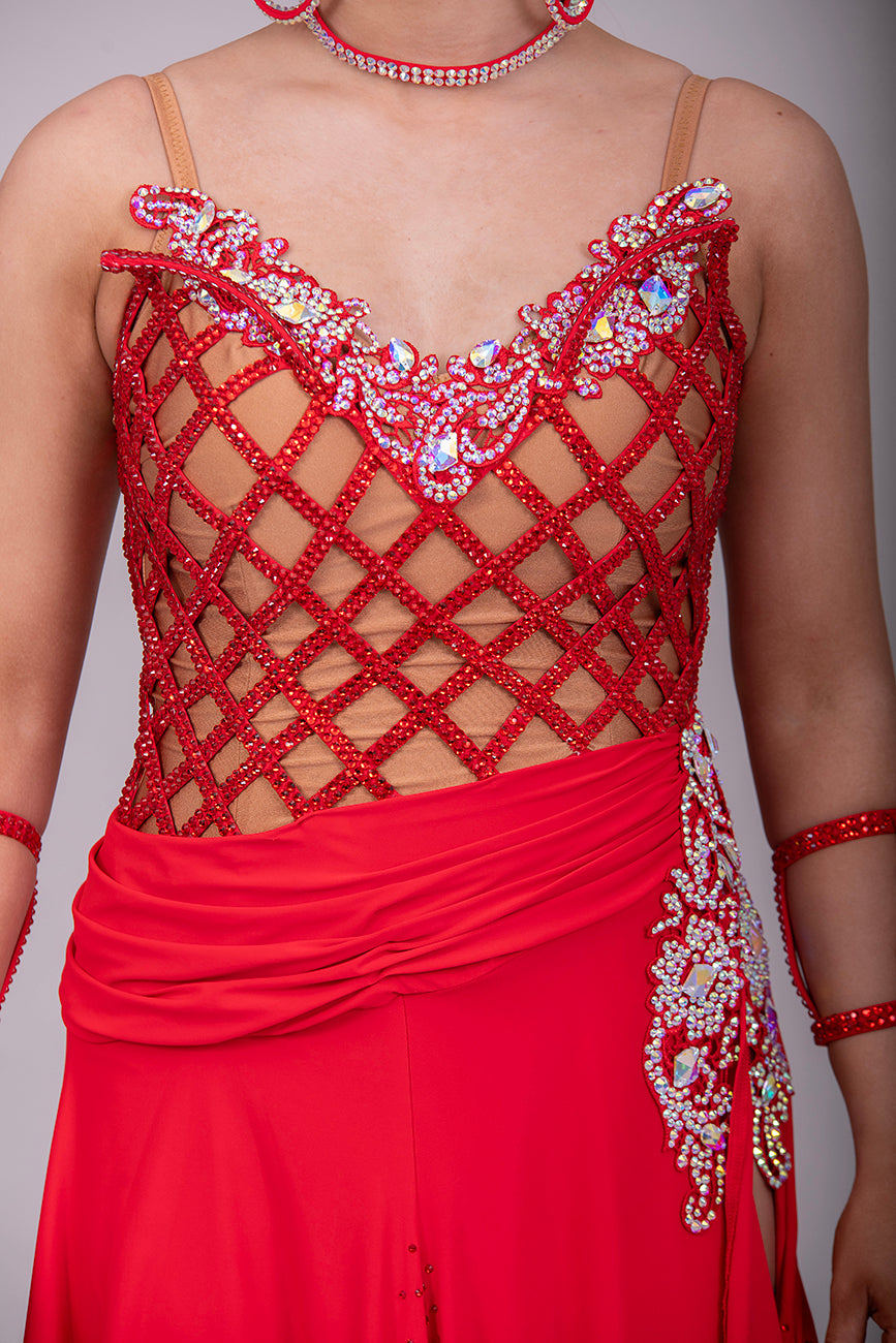 13L Red Fishnet & Flesh Competition Latin/Rhythm Dress. Heavily stoned in Light Siam & AB with decorative side panel.