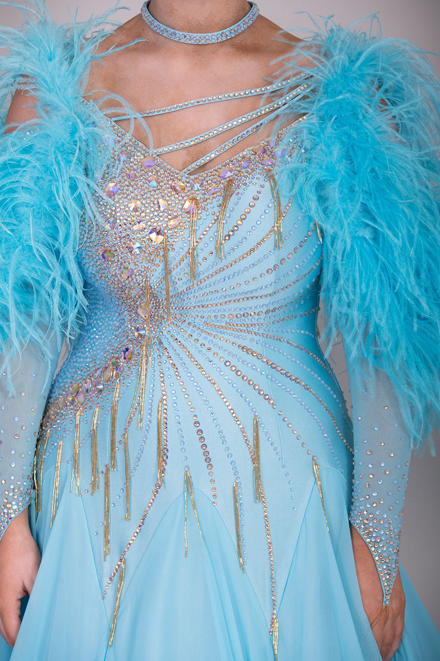 24B “TWD ELITE” New Full Skirts/Underskirts with Ostrich Feather sleeve detail. Stunning back design. Stoned in Crystal Golden Shadow with gold bead droppers. Detachable Floats