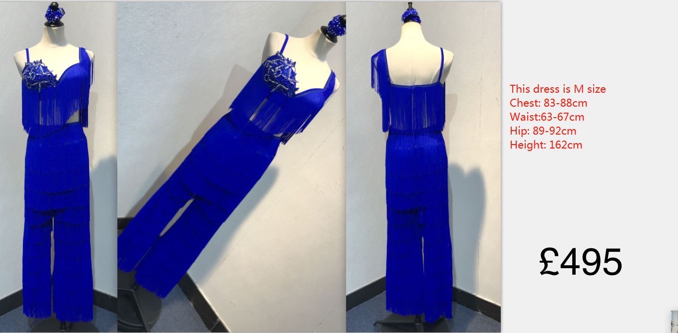 253 Bright Royal Blue fringed 2 piece. Fringed trousers & decorated bra top with fringe, decorated in Saphire& AB stones