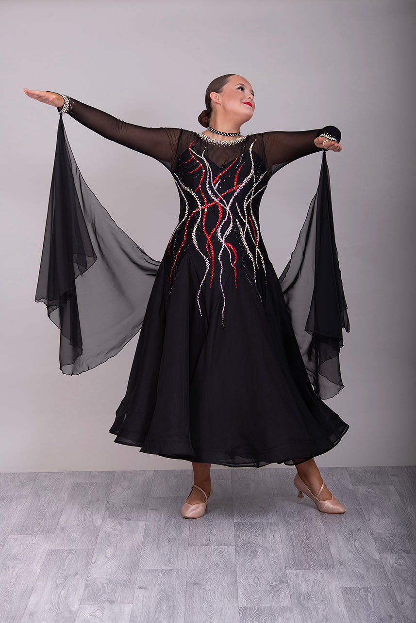 09B Black Ballroom/Sequence Competition Dance Dress. Stoned in Black, AB & Siam. Flesh Lycra under black mesh to Back & upper chest to allow option of wearing own Bra