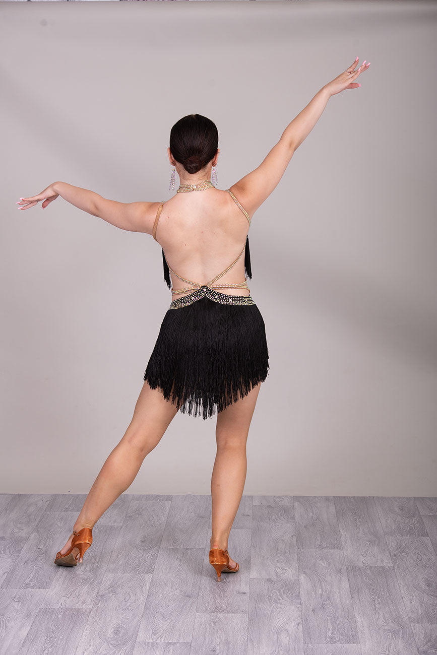 (BUDGET)19 Black Latin Competition Dance Dress.Full Fringed Skirts with shoulder & waist detailing.2 Bangles included.                                     *****Our New Budget Range are Bought in ready made Costumes, with some detail added by TWDance*****