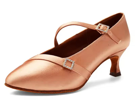 (11) TWD “LULAH” Ballroom Shoes. Flesh Skin Satin with 5.5cm Heel Diamanté Strap & Buckle. Shoes come Boxed Includes a “Black Shoe Bag” pair of plastic feet protectors to try Shoes on for Size, Fit & Comfort.