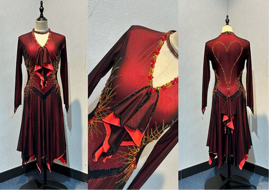 42L Beautiful Black & Orange Competition Latin Dance Dress. Heavily stoned in Hyacinth, Citrine, Hyacinth AB & Jet. Double layer skirt for maximum movement. High back to give option of wearing own bra. ❤️Showroom Appointments Available❤️