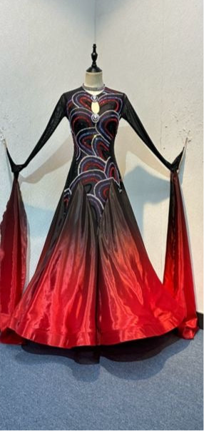 32B Black & Red Ombre Competition Ballroom/Sequence Dance Dress. Stoned in jet, AB, Siam & Light Siam. Very classy design giving full front & sleeve coverage and lovely back opening.