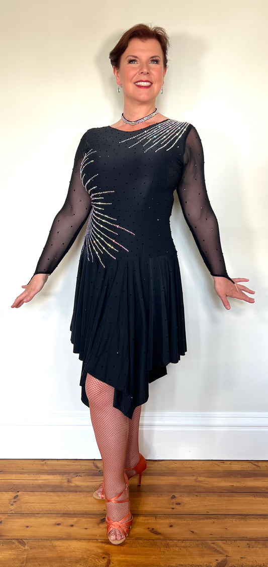 199 Flattering Black Latin Dance Dress. Super Stretchy. Stoned in AB starburst design with handkerchief hem skirt. High back giving option for wearing own bra.