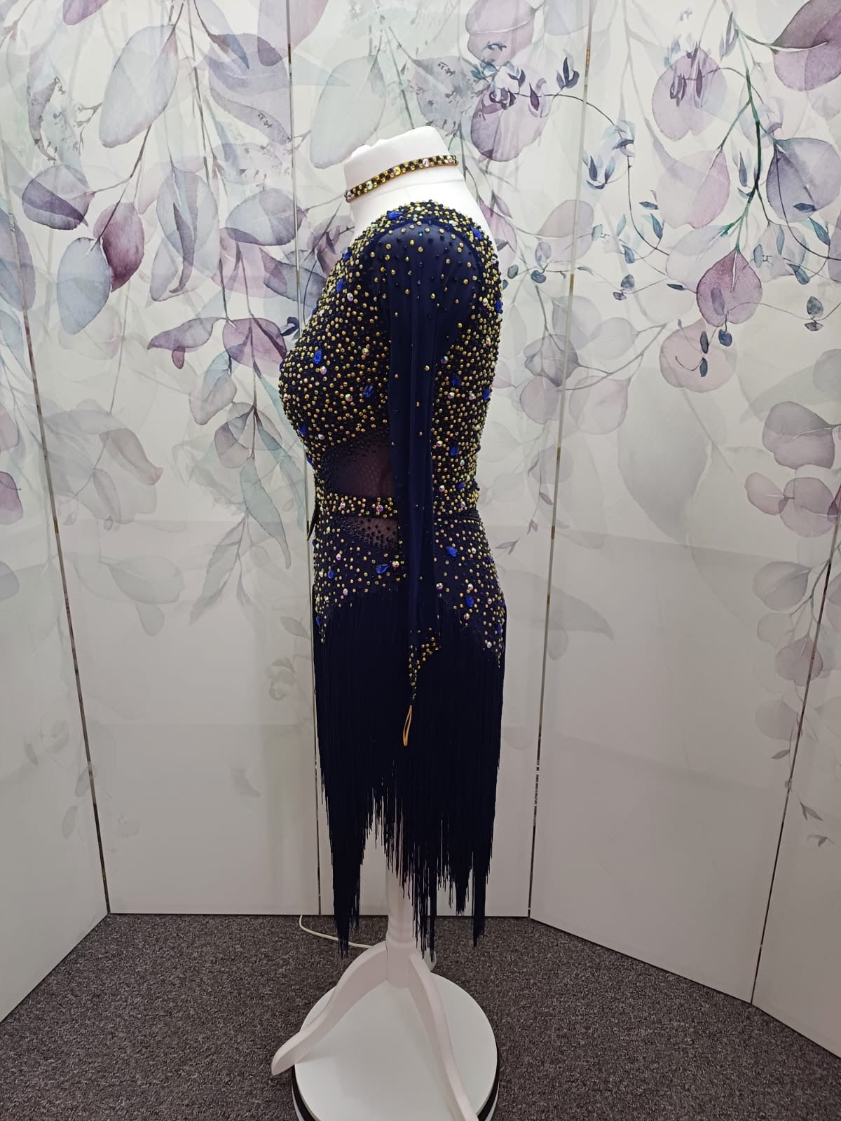 28L Navy Blue & Good Competition Latin Dance Dress. Optional Belt, fringed skirts. 1 sleeve & 1 Glove