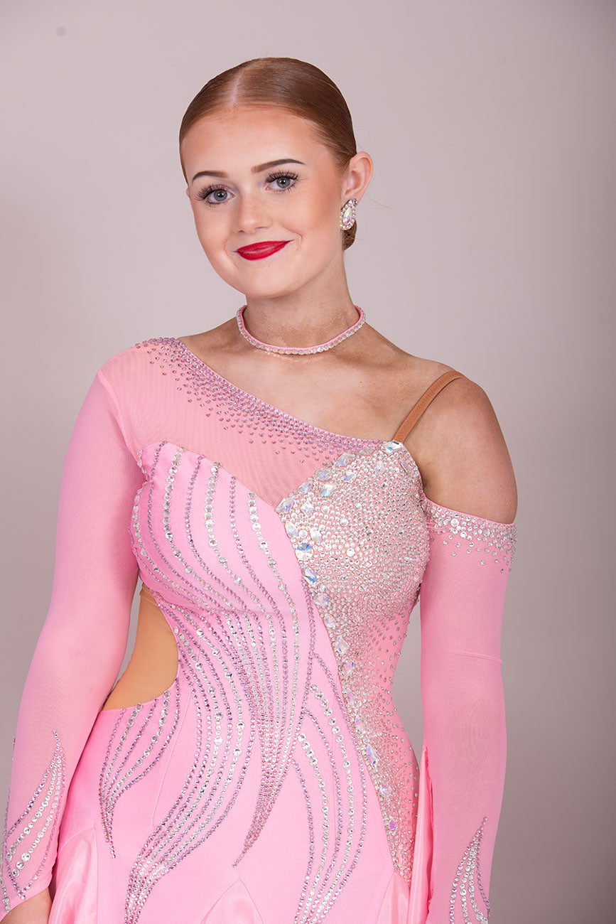 44B TWD PETITE Pale Pink Competition Ballroom/Sequence Dress. Cold shoulder sleeve to 1 side. Heavily Stoned in AB & Light Rose ❤️Showroom Appointments Available❤️
