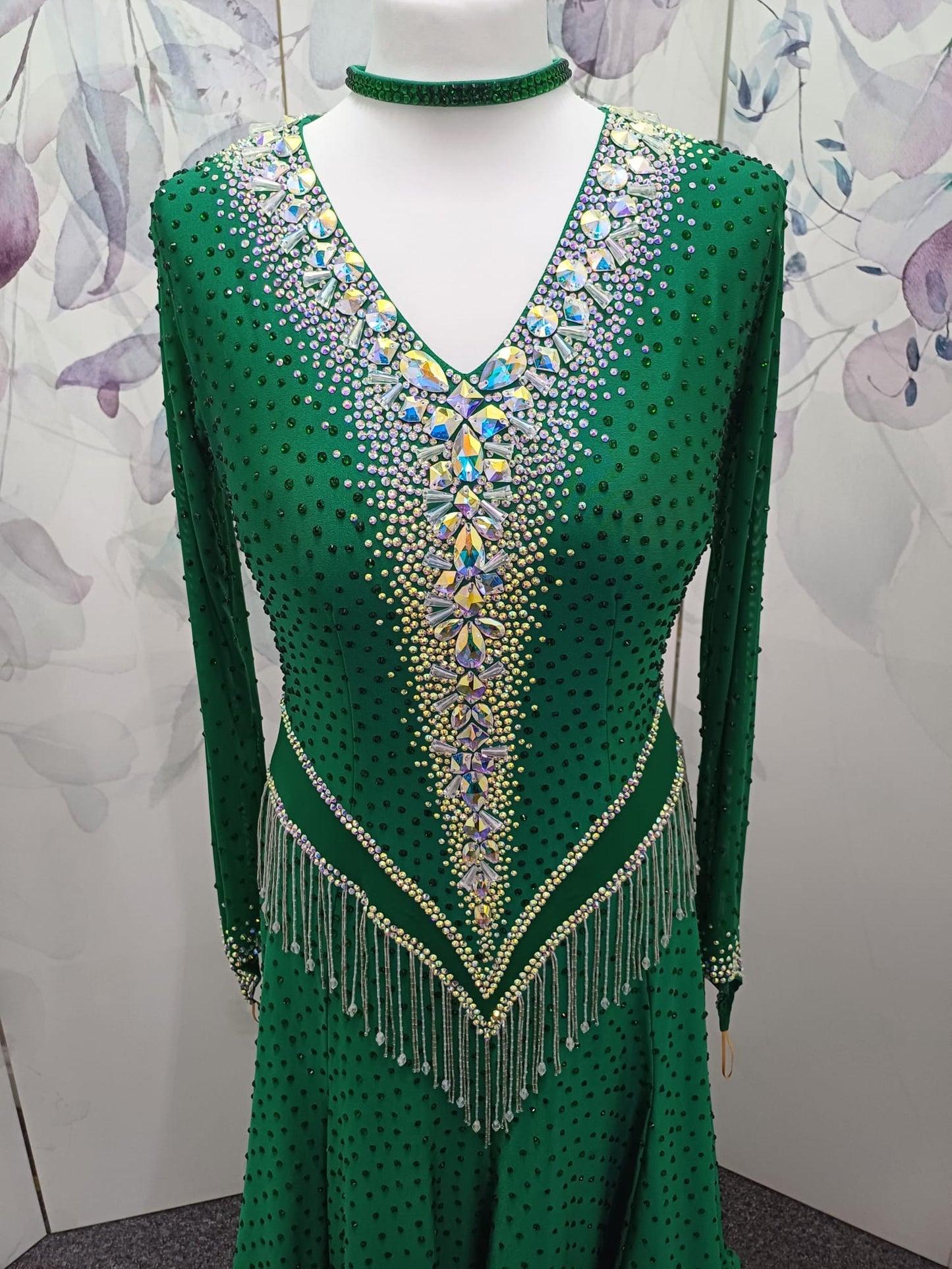 113L Jade Green Competition Latin Dance Dress. Super Full skirts. Heavily stoned in a very flattering design in AB & Emerald with Bead droppers.  High Back to give option of wearing own bra