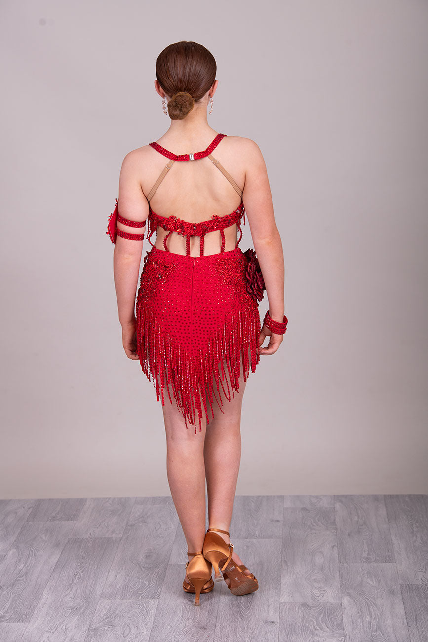 (BUDGET)13 Deep Red Competition Latin Dance Dress. Full of Red stoned fabric tassels & stoned motifs on the Bra style top. Heavily stoned flowers & strap detailing finish the top off. Skirt has flower to the Hip with stoned motifs and fabric strips over.