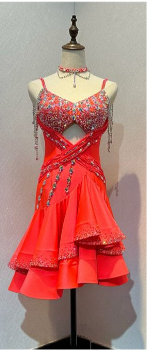 56L TWD ELITE Competition Latin Dance Dress in a beautiful Coral colour. Heavily stoned in AB, Hyacinth & Hyacinth AB. ❤️Showroom Appointments Available❤️