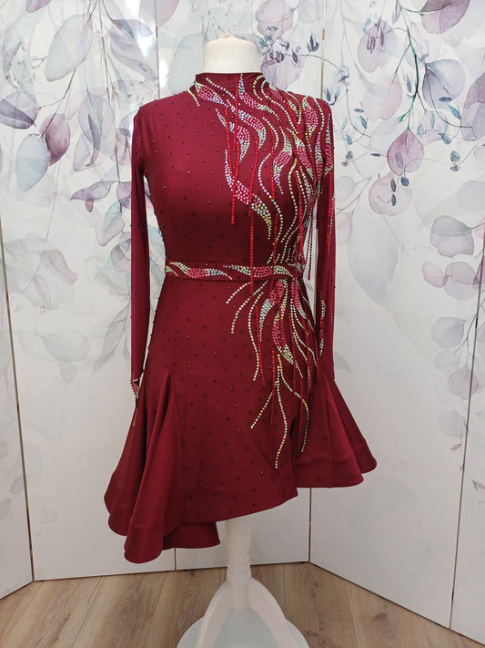 235 Wine High neck Latin Dress with filled in keyhole back detail. Stoned in dark Siam, Rose & AB.
