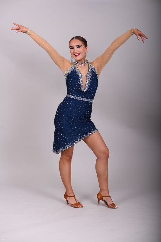 047 Navy blue Drape detail to the front Latin Dress. Separate belt. High mesh back. Decorated with Bermuda blue, light Saphire & Ab stones