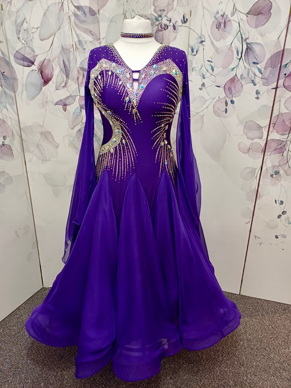 040 Cadbury Purple Competition Ballroom Dance Dress. Flattering & Stunning stoning design throughout in AB. Detachable floats