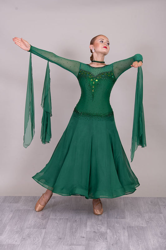45B TWD PETITE Emerald Green Competition Ballroom/Sequence Dress. Hanging detail to the back. Heavily Stoned in Emerald  ❤️Showroom Appointments Available❤️