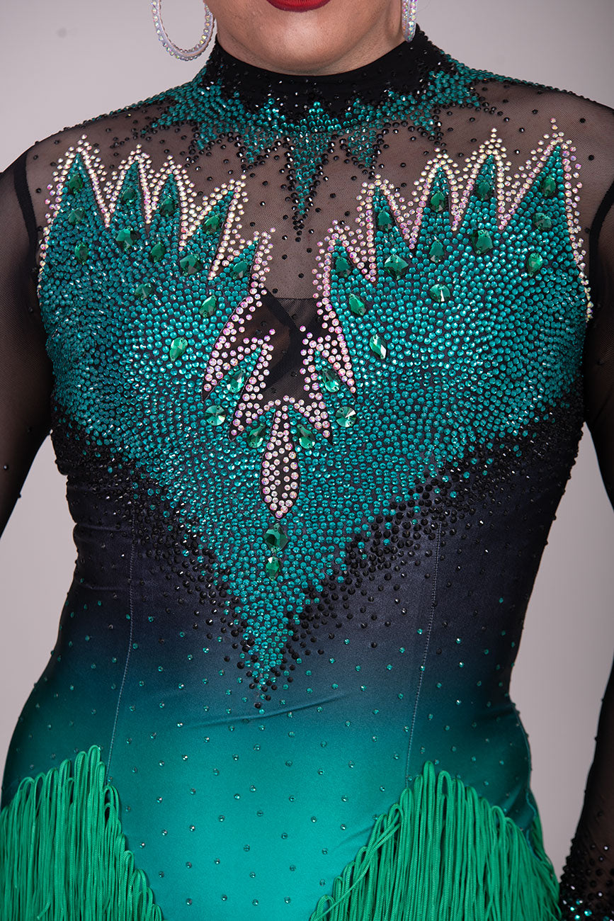 118L TWD ELITE LATIN Competition Latin Dance Dress. Striking Design to front & Back with Ombre Green & Black Lycra Bodice. Full fringed skirts for maximum movement.
