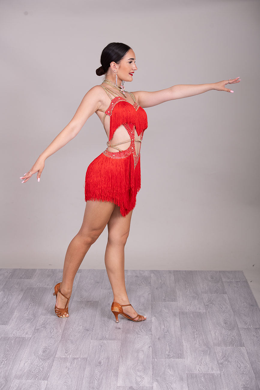 (BUDGET)17 Red Latin Competition Dance Dress.Full Fringed Skirts with shoulder & waist detailing.2 Bangles included.                                     *****Our New Budget Range are Bought in ready made Costumes, with some detail added by TWDance*****