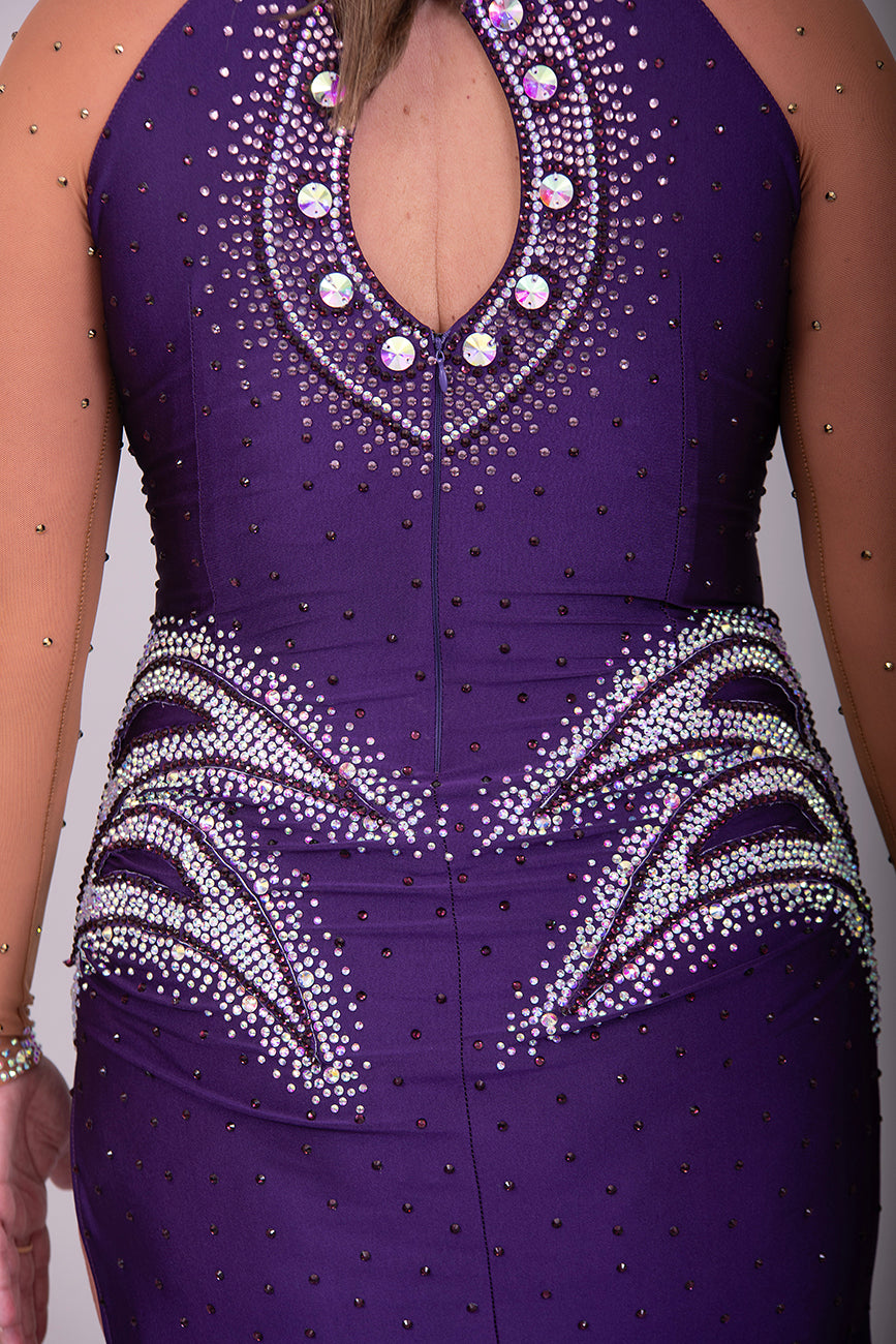 0002 Deep Purple Latin Dress. Heavily stoned in Amethyst, Light Amethyst & AB. Keyhole feature to the back, touching detail at the front.