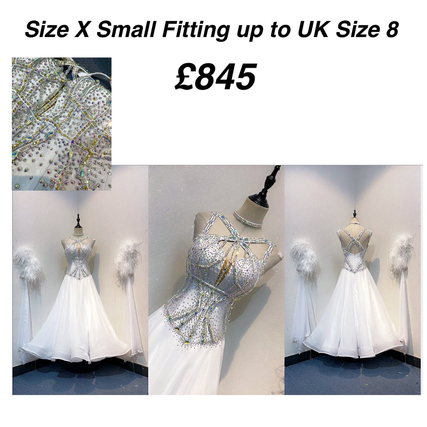 013 White Competition Ballroom/Sequence Dance Dress. Striking detailing to both the front & Back. Stoned in AB and sunshine. Cones with gloves, floats & Ostrich Boa cuffs.