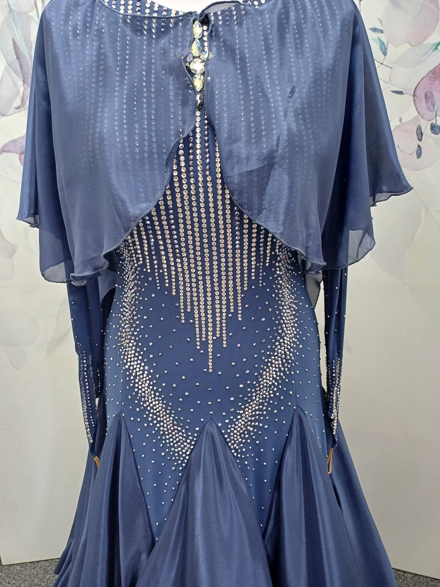 20B Blue/Grey/Steel Coloured Ballroom/Sequence Competition Dance Dress. Cape Detail to front & Shoulders. Stoned in Crystal & Blue Lotus Purple